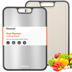 Naanyo titanium cutting board meat side offers hygienic, non-porous surface for clean meat prep.