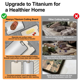 Naanyo titanium cutting board non-porous surface resists odors and stains.