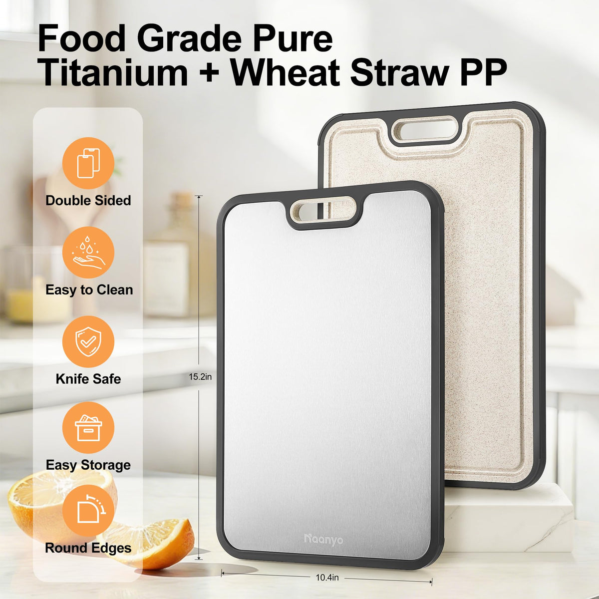 Naanyo titanium cutting board vegetable side ideal for fresh produce and flavor separation.