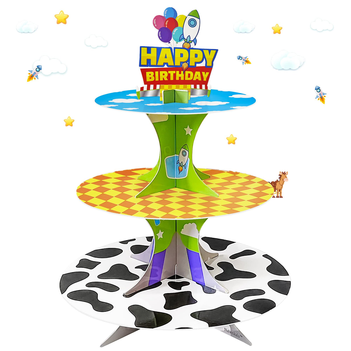 Nabenkalu 3-tier cartoon story cupcake stand displaying playful birthday cupcakes.