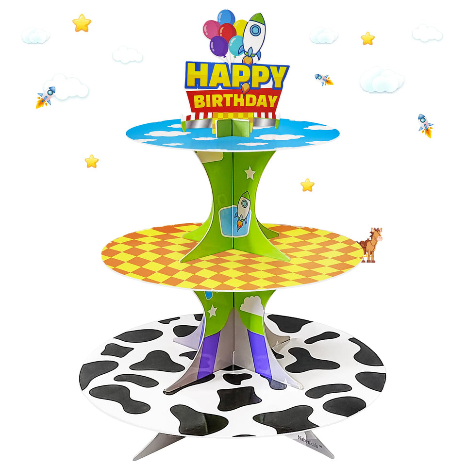 Nabenkalu 3-tier cartoon story cupcake stand displaying playful birthday cupcakes.