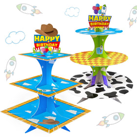 Nabenkalu cartoon 3-tier cupcake stand displays colorful cupcakes as a playful centerpiece for toy theme parties.