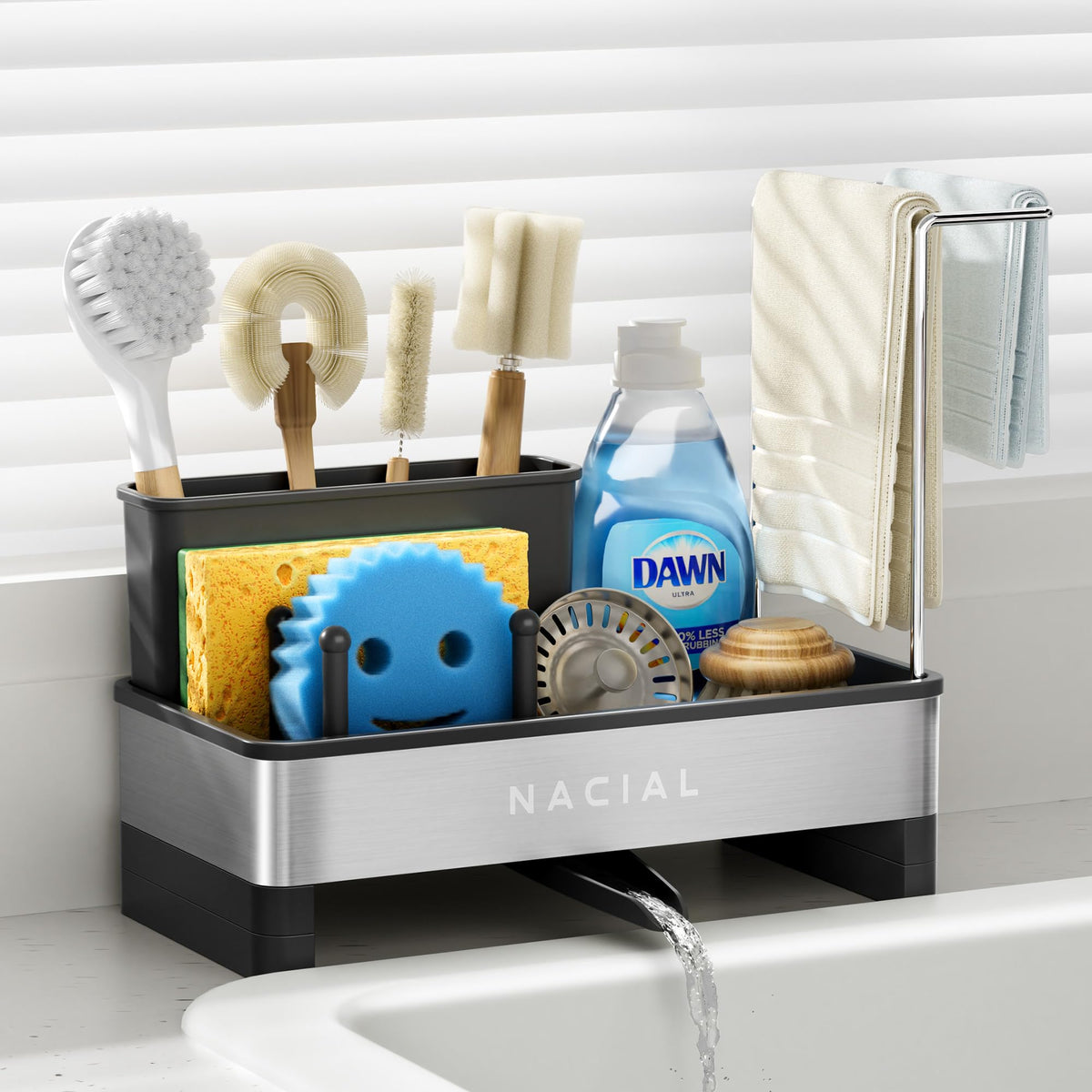 Nacial kitchen sink caddy with high brush holder keeps brushes organized and dry