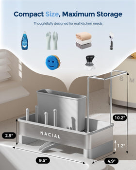 Nacial sink caddy with auto drain directs water away for a cleaner counter.