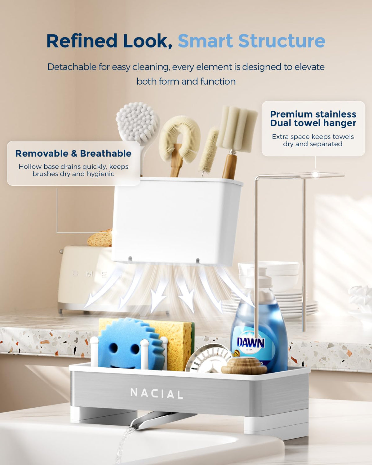 Nacial compact organizer frees counter space in small kitchens.