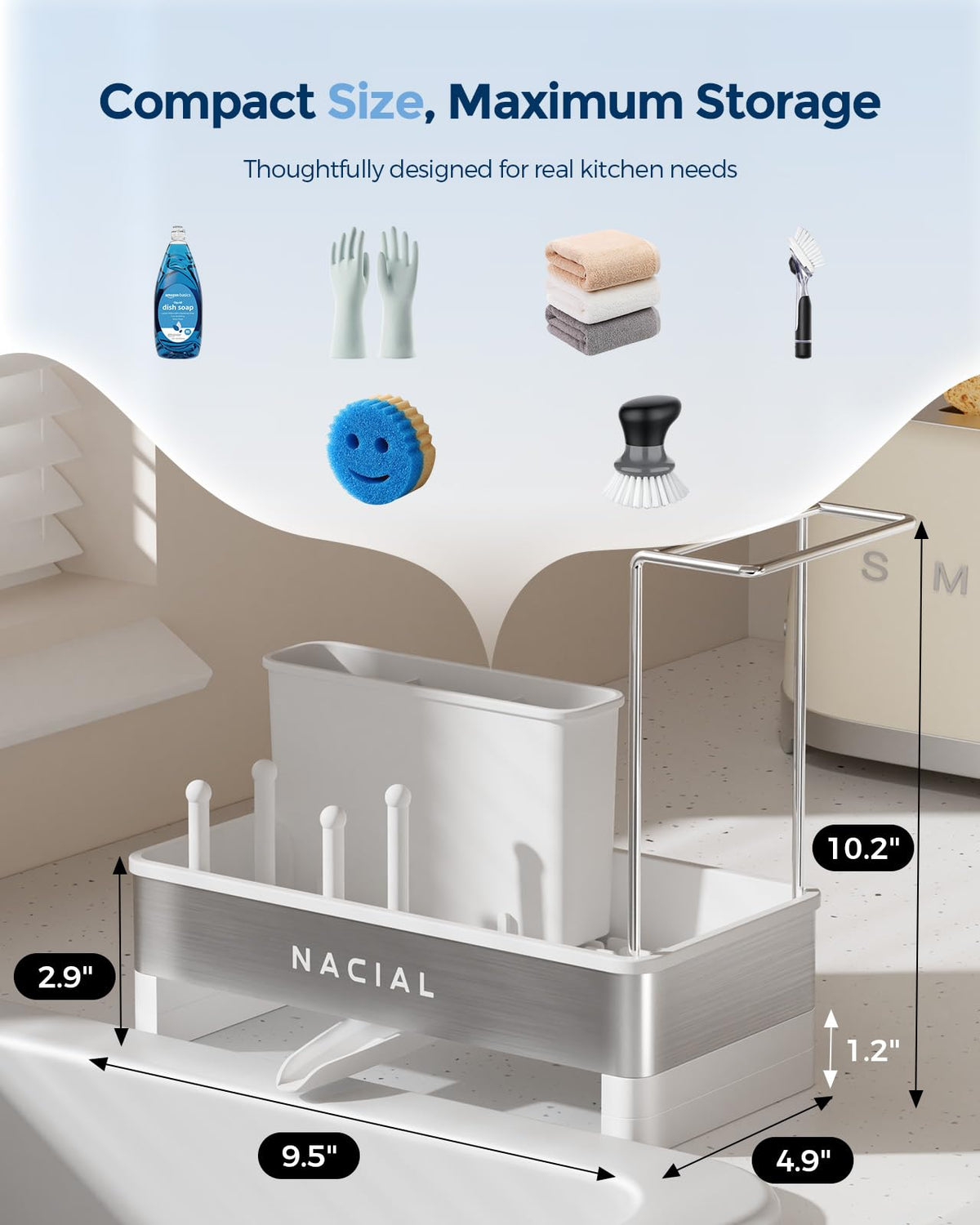 Nacial sink caddy high brush holder secures cleaning brushes neatly.