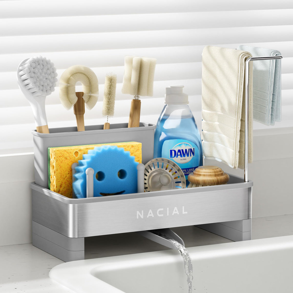 Nacial sponge holder for kitchen sink keeps sponges organized and dry.