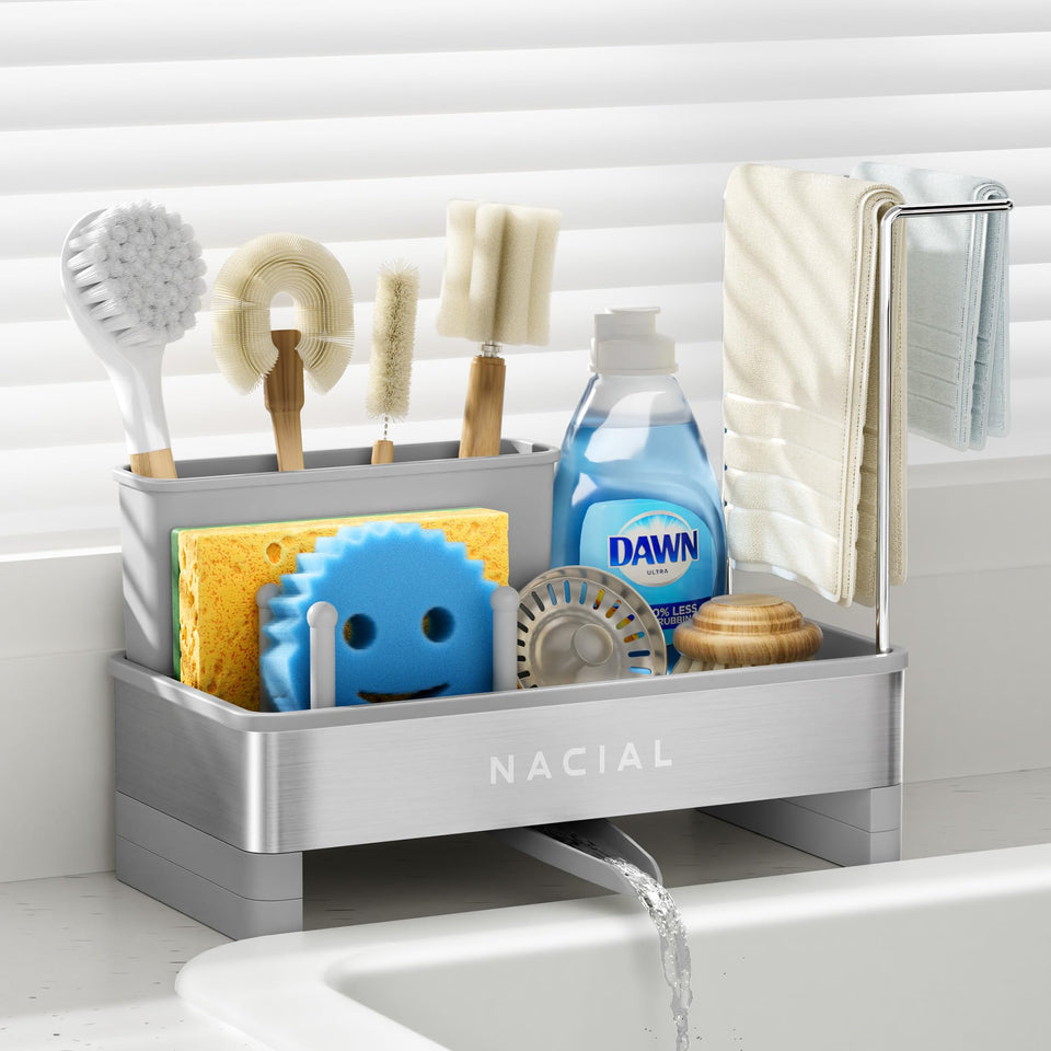 Nacial sponge holder for kitchen sink keeps sponges organized and dry.