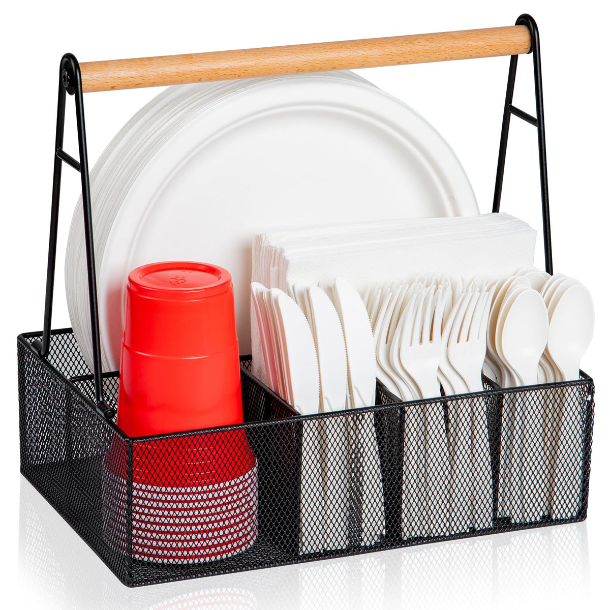 NACIMAX paper plate organizer with wooden handle for portable outdoor meals.