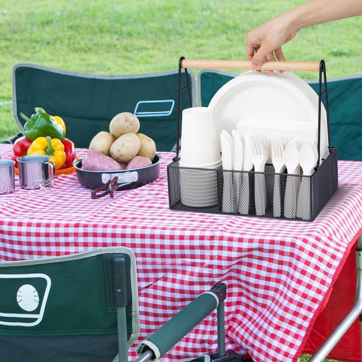 NACIMAX six-compartment caddy keeps plates, cups, and napkins tidy.