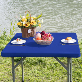 Nacuci elastic blue 34x34 tablecloth demonstrating stretch and snug fit