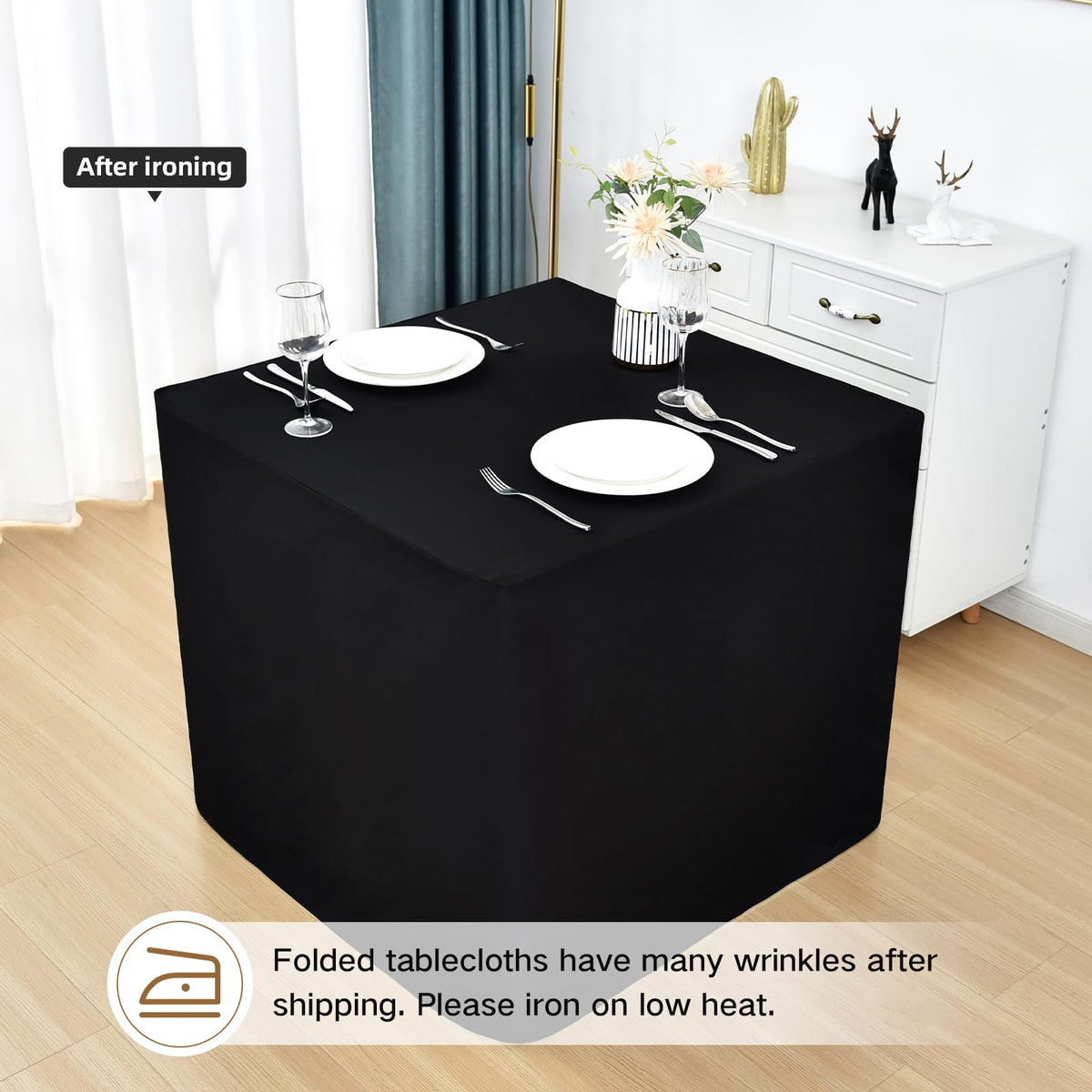 Nacuci 34x34 black fitted tablecloth designed for quick placement on folding tables.