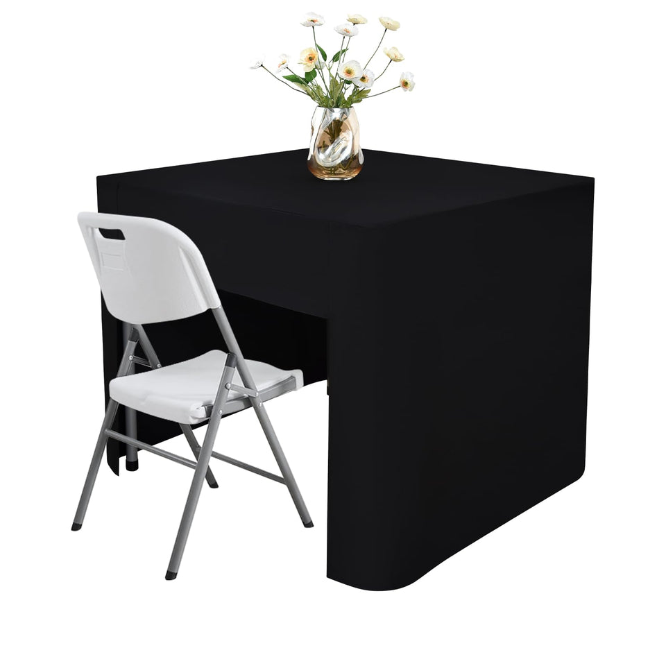 Nacuci open-back fitted tablecloth highlighting 34x34 black finish for clean banquet displays.