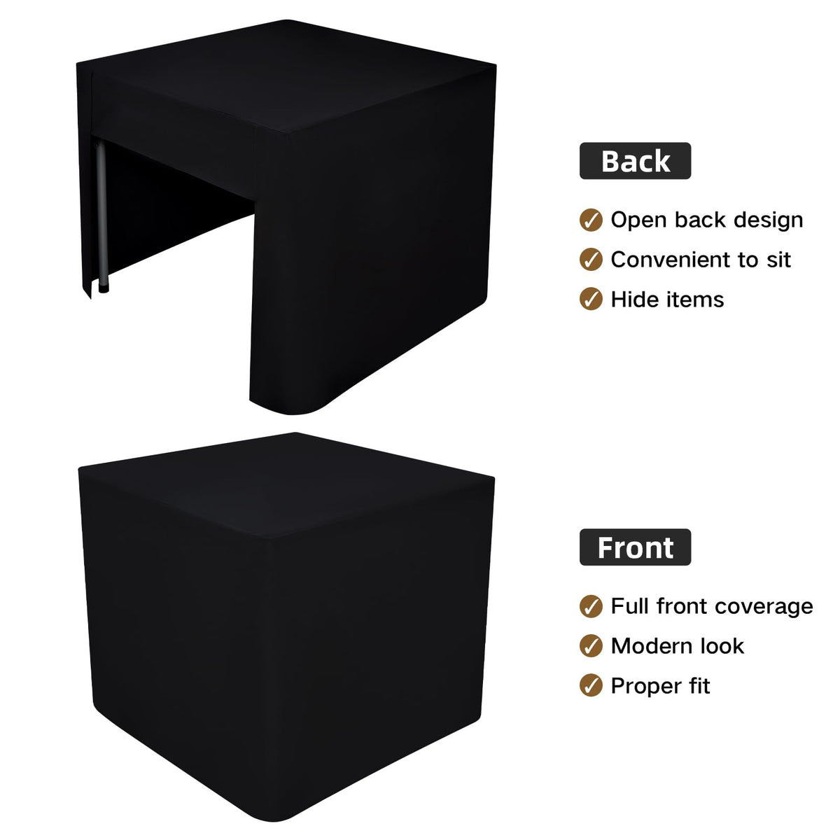 Nacuci sleek black tablecloth with open back supports easy access and a professional setup.