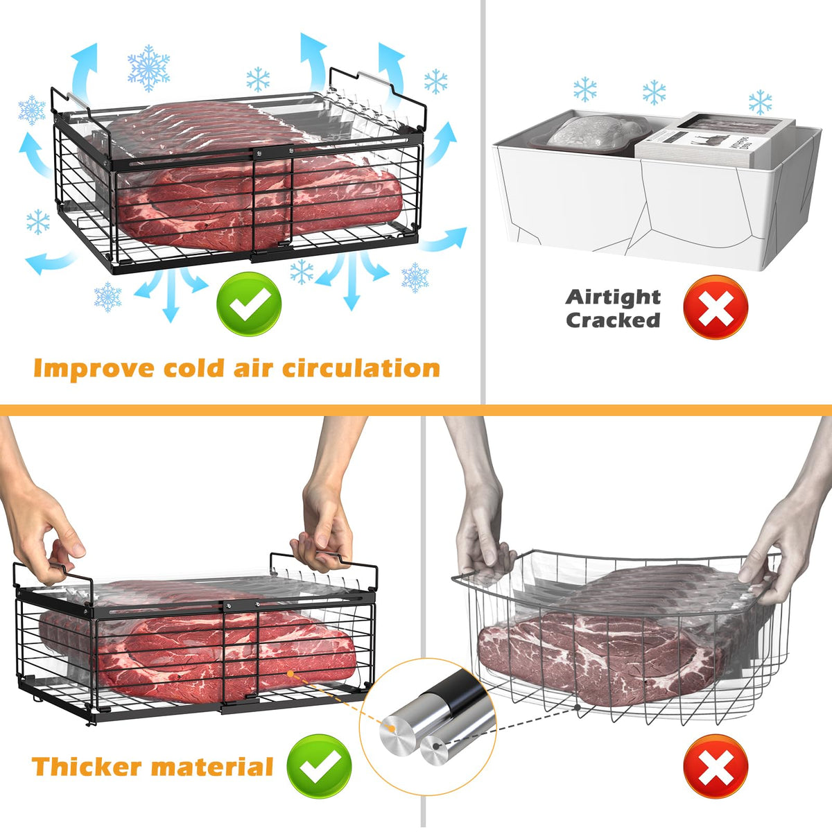 NADAMOO metal grid freezer basket highlights strong build for heavy items.