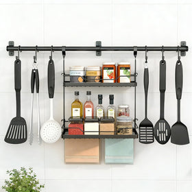NADAMOO wall mounted spice rack two tier holds spices and oils neatly for easy access.