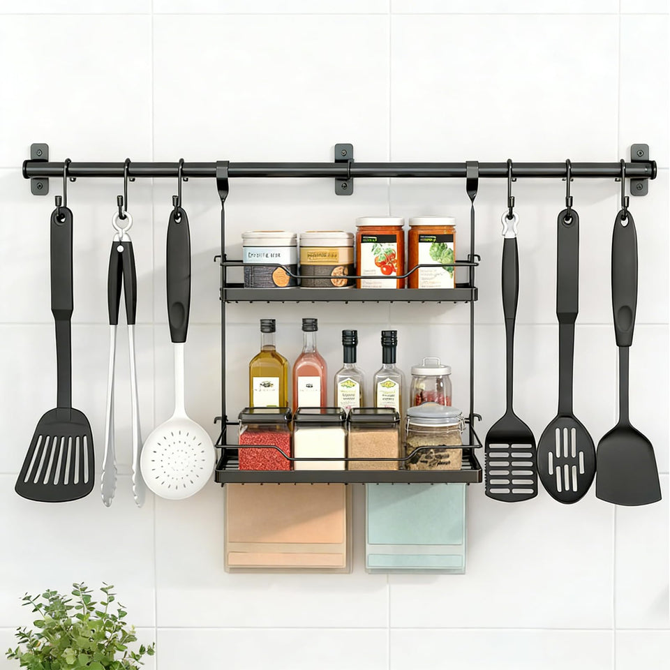 NADAMOO wall mounted spice rack two tier holds spices and oils neatly for easy access.