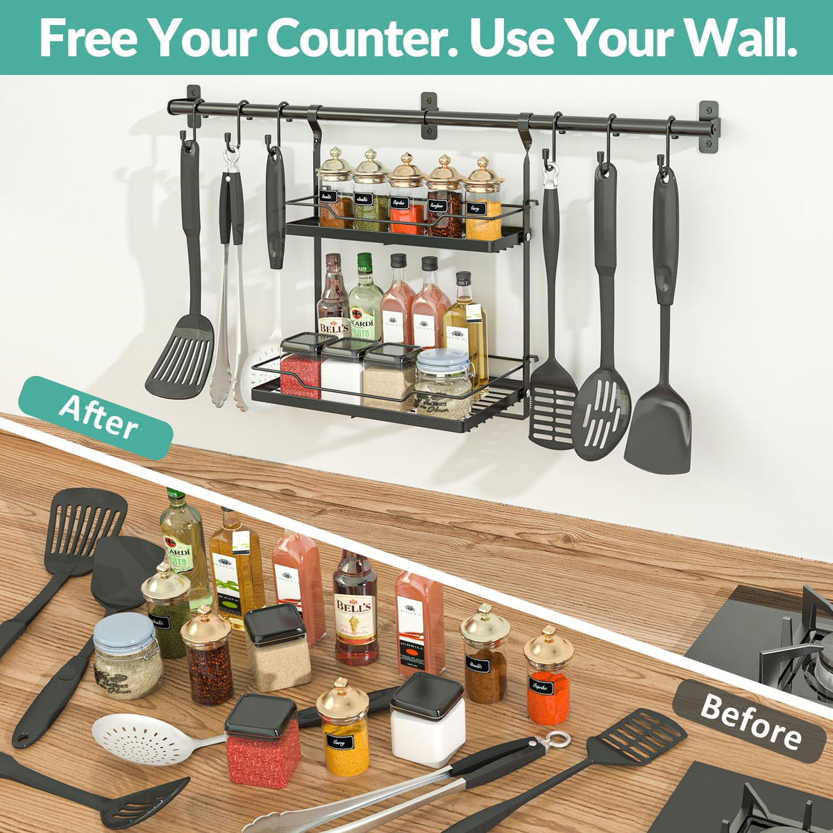 NADAMOO two tier kitchen shelf with towel bar keeps towels within reach.