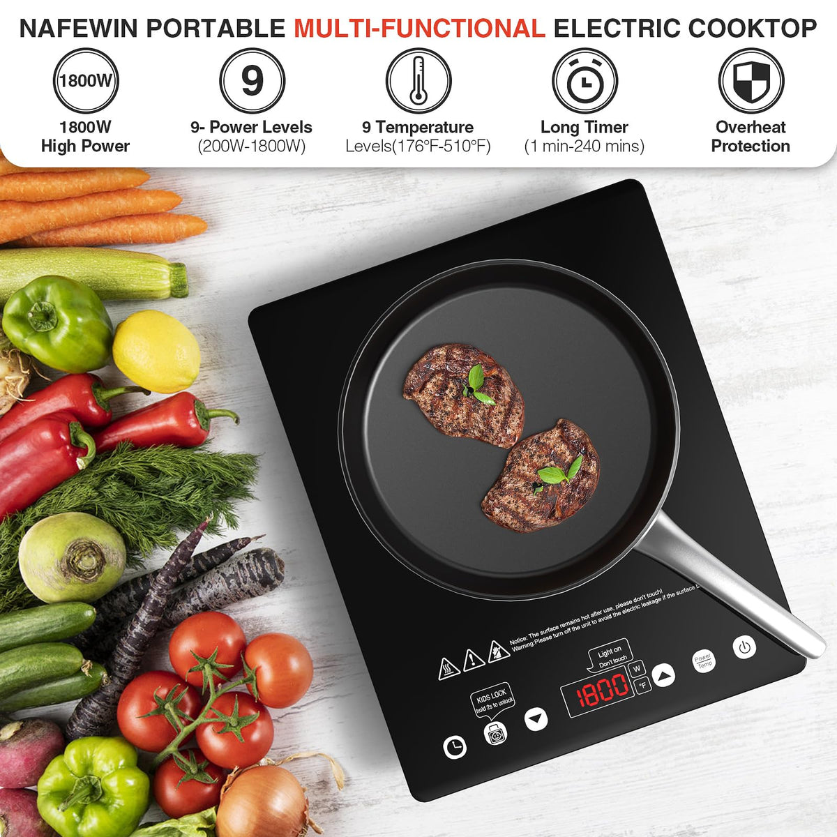 Nafewin LED touch control panel for precise adjustments.