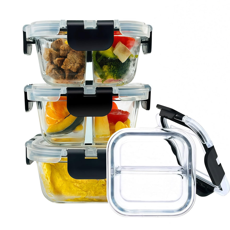 Nafhone bariatric glass container with two compartments for precise portioning.