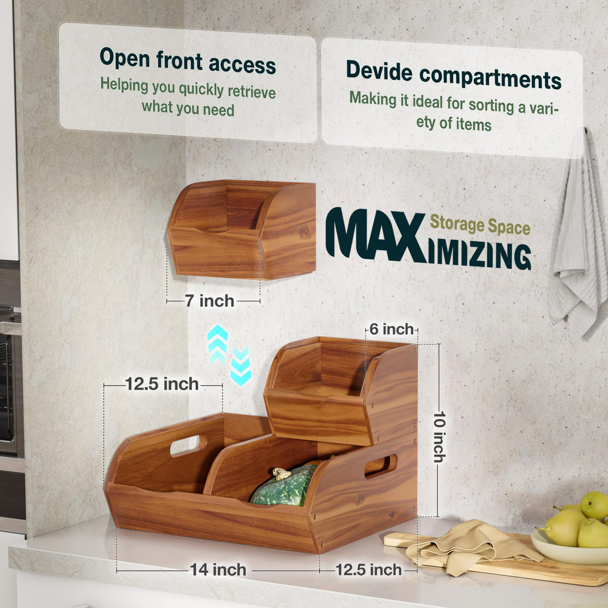 NAGAWOOD pantry bin tiered design front angle for easy reach