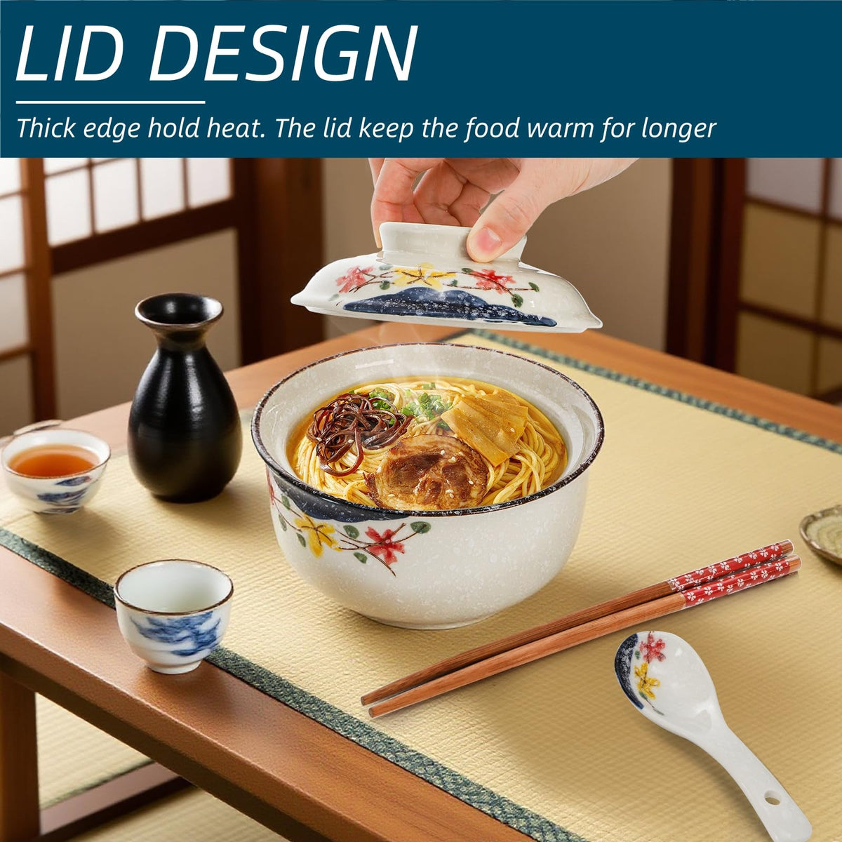 Nagpew ramen bowls hand-painted patterns closeup; vintage Japanese design