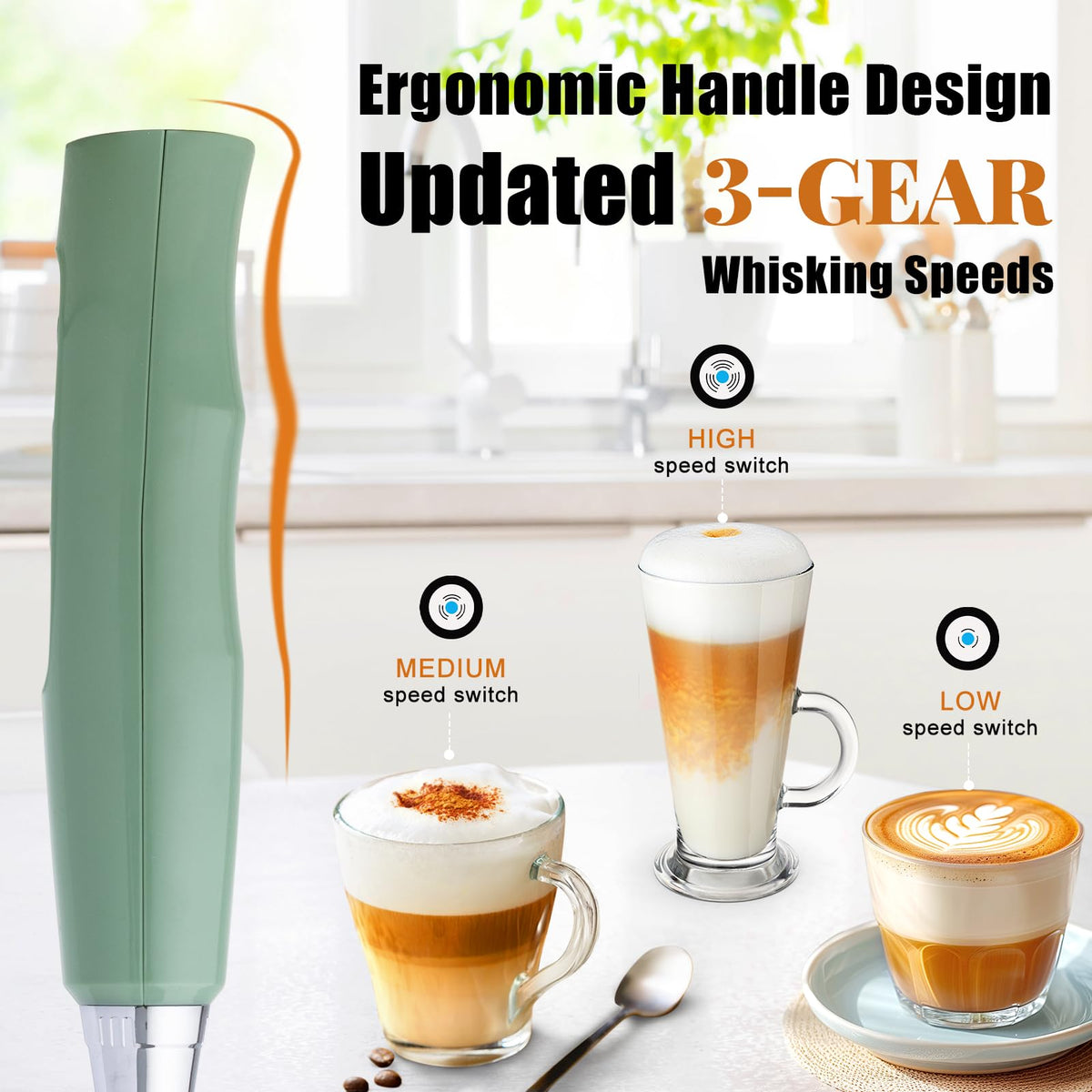 Nahida Granite Green Frother Wand control panel shows three speed options.