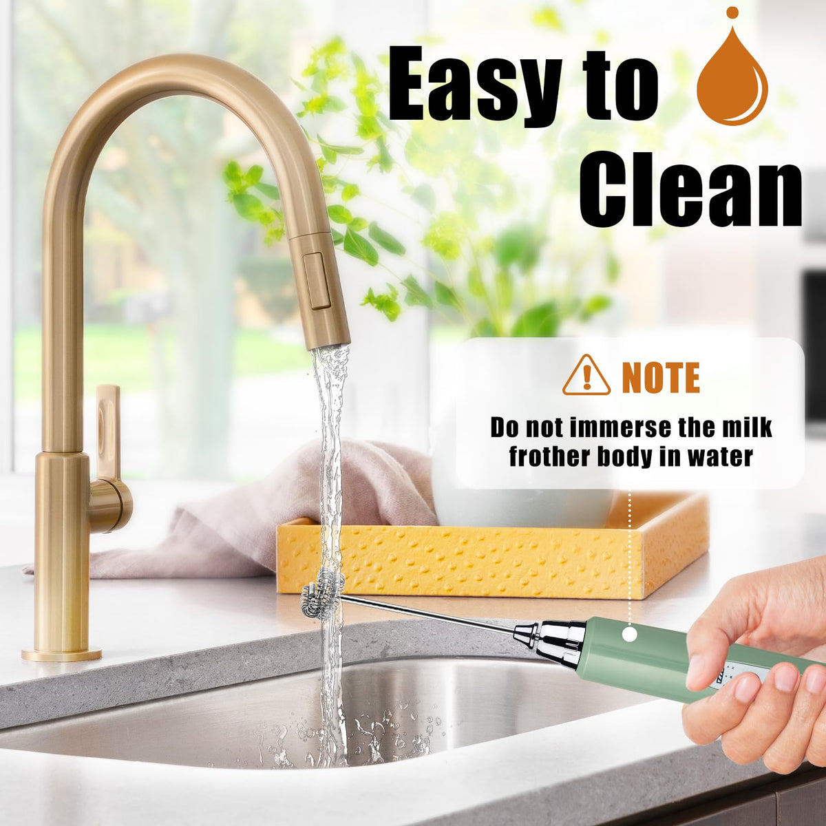 Nahida Granite Green Frother Wand used in a cup for latte foam.