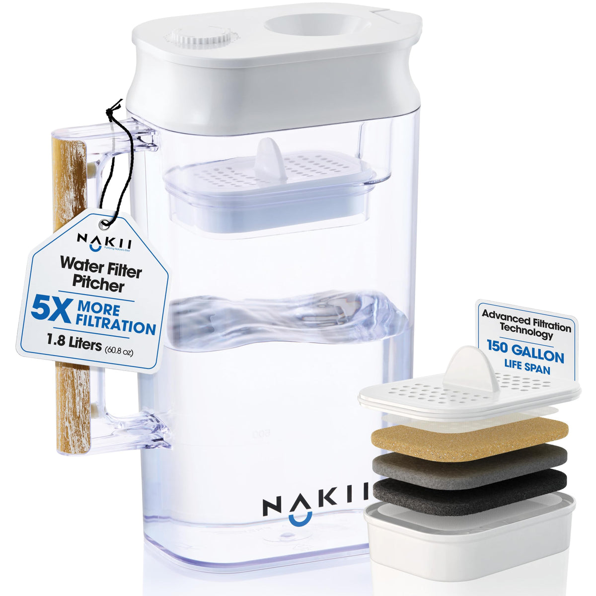 Nakii water filter pitcher viewed from front, sleek and ready to purify.