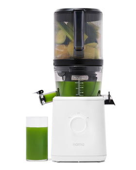 Nama J2 self-feeding hopper enables batch juicing with hands-free loading.