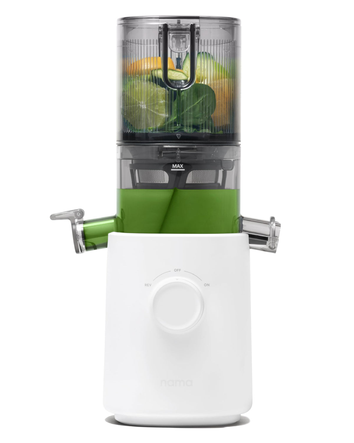 Nama J3 compact juicer front view highlights space saving for small kitchens.