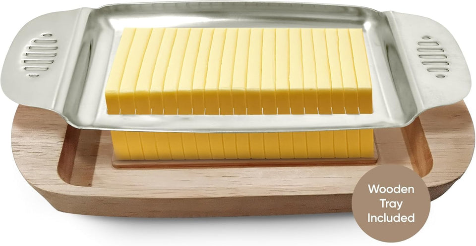 Namre' butter slicer with tray catches slices for easy serving.