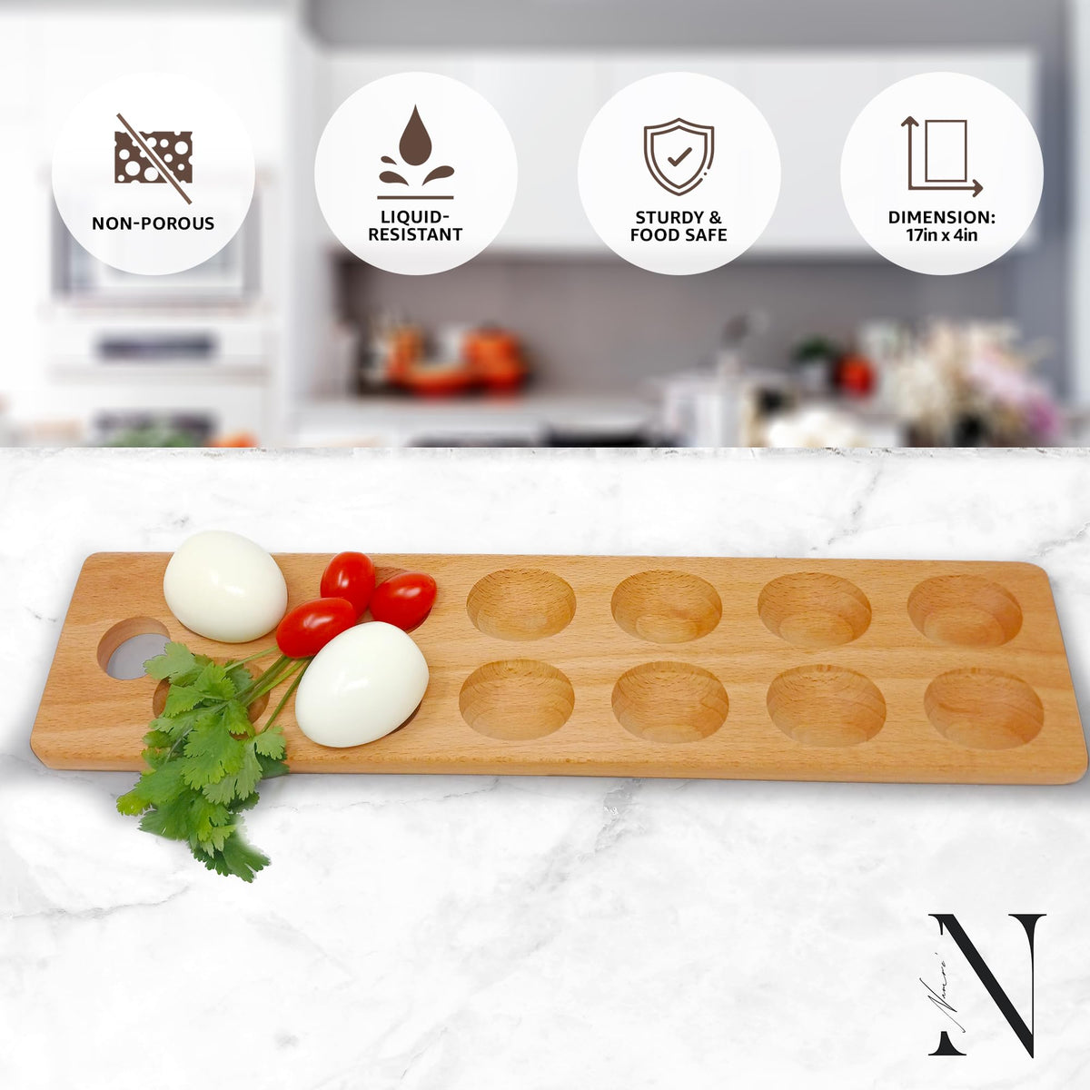 Namre' deviled egg tray closeup highlights polished wood and neat holes.