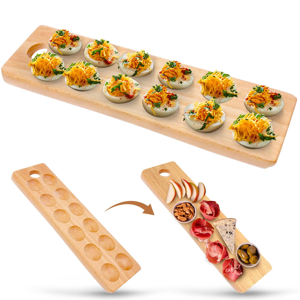 Namre' wooden deviled egg platter 12-hole for stylish holiday entertaining.