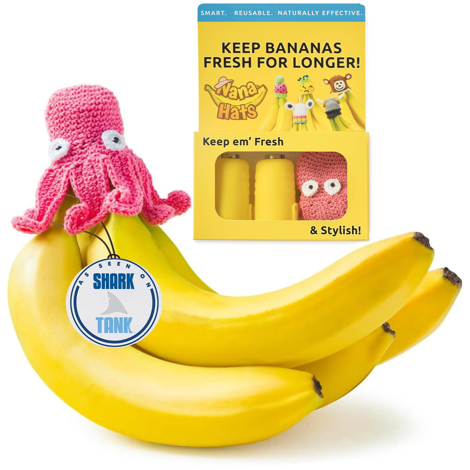 Nana Hats banana freshness preserver on display keeps bananas fresher longer.