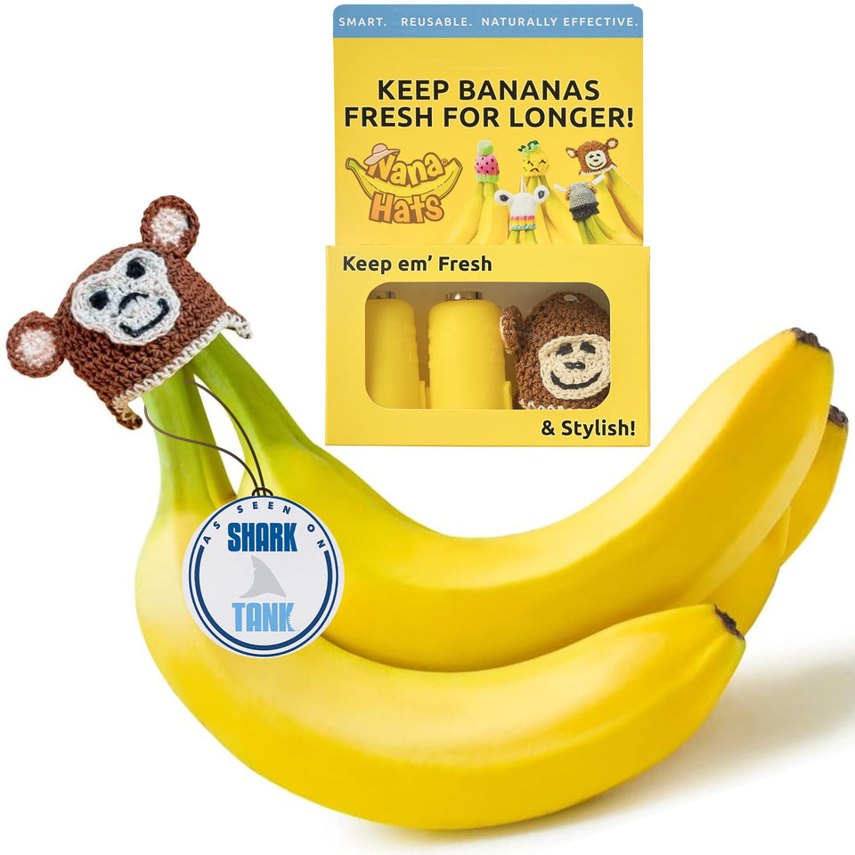 NANA HATS banana freshness preserver on ripe bananas extending freshness in the kitchen