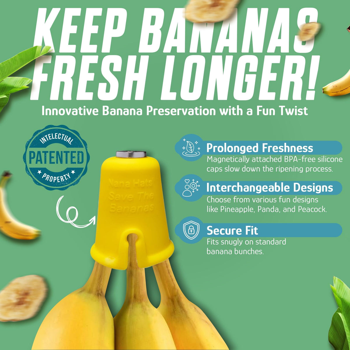NANA HATS magnetic cap set securely seals banana stem for easy storage.