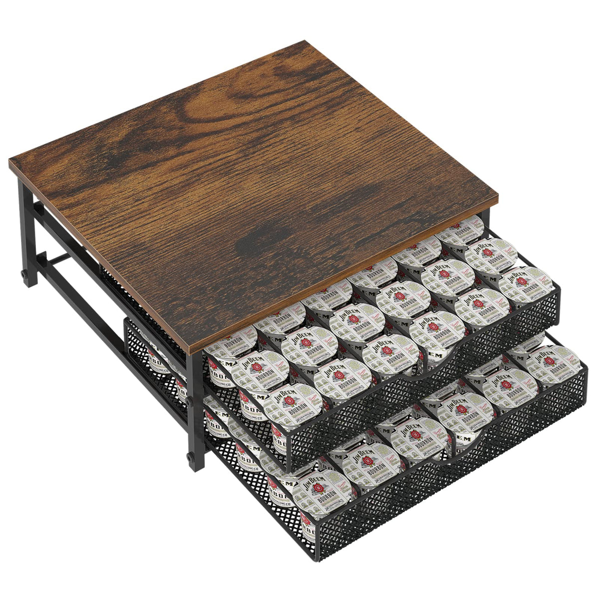 NANANARDOSO coffee pod holder with wooden top and metal frame for sturdy counter.
