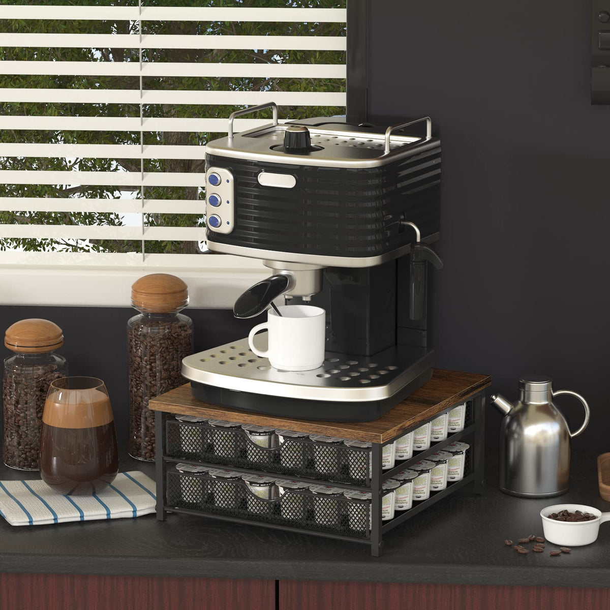 NANANARDOSO storage drawer with sliding baskets provides easy pod retrieval.