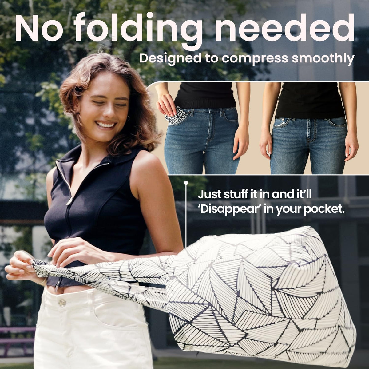 Nanobag lightweight bag compresses to pocket size after use for easy storage.