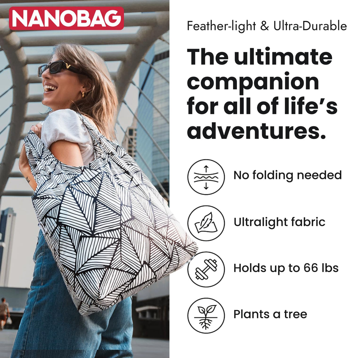 Nanobag tote in use during grocery shopping and daily errands.