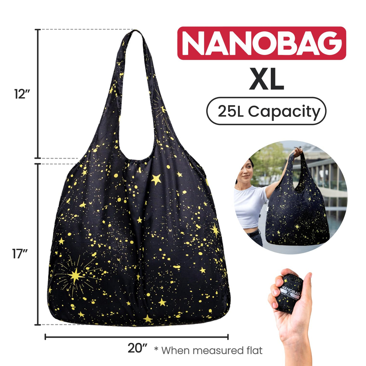 Triple-layered handles on Nanobag for comfortable all-day carry.