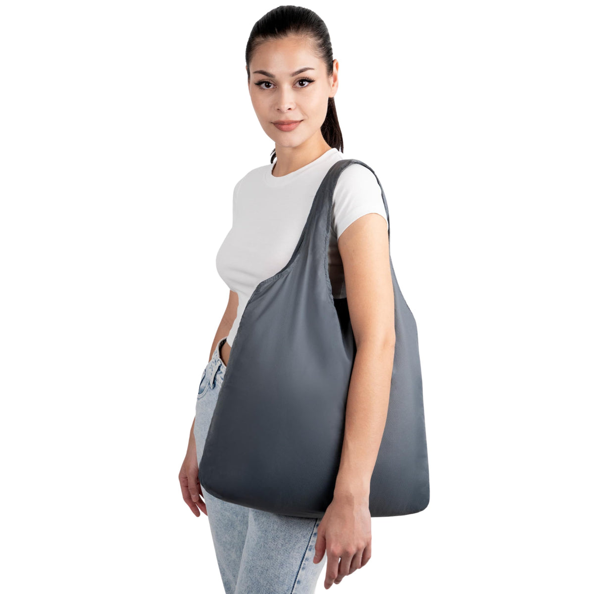 Nanobag XL tote opened to show 25-liter capacity for groceries.