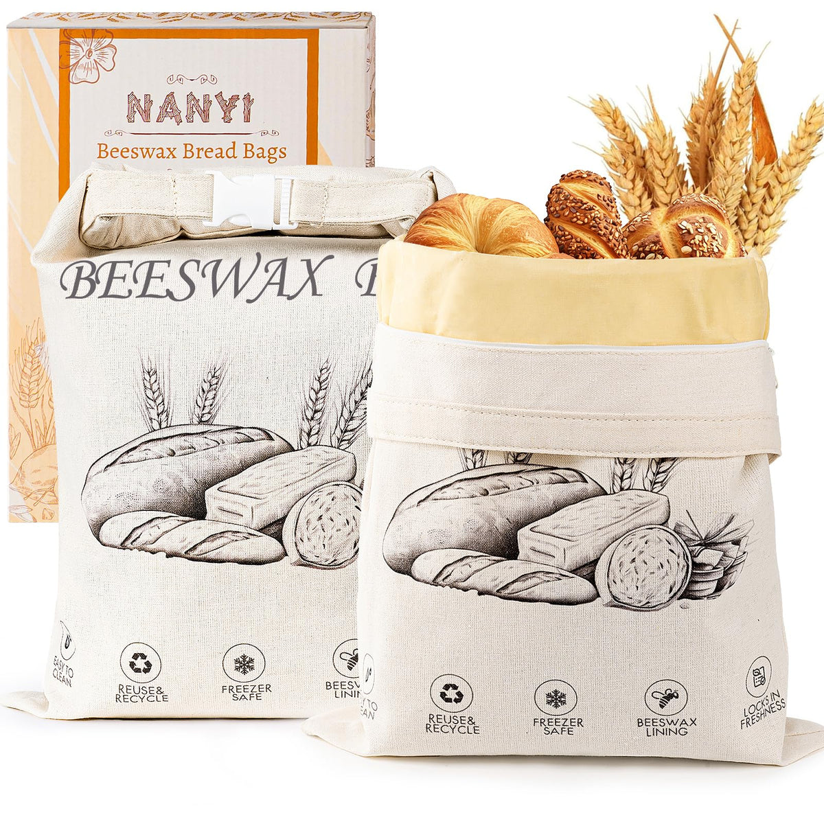NANYI beeswax bread bag front view shows ivory loaf freshness and crust texture