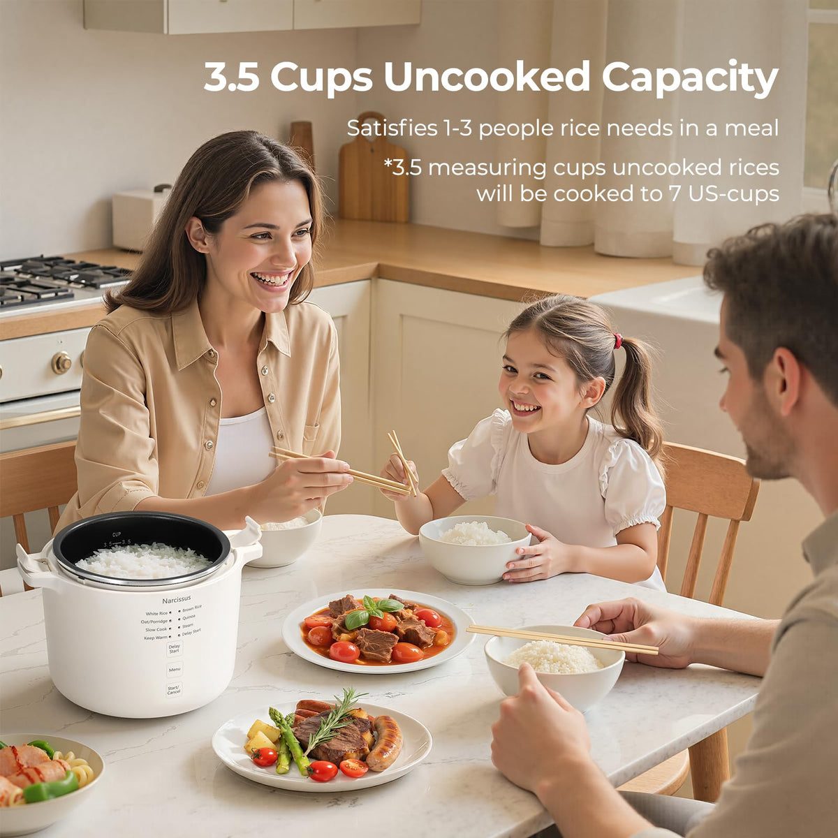 Narcissus 3.5-Cup Rice Cooker with measuring cup and spatula, ready for precise portions