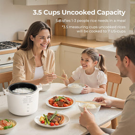 Narcissus 3.5-Cup Rice Cooker with measuring cup and spatula, ready for precise portions