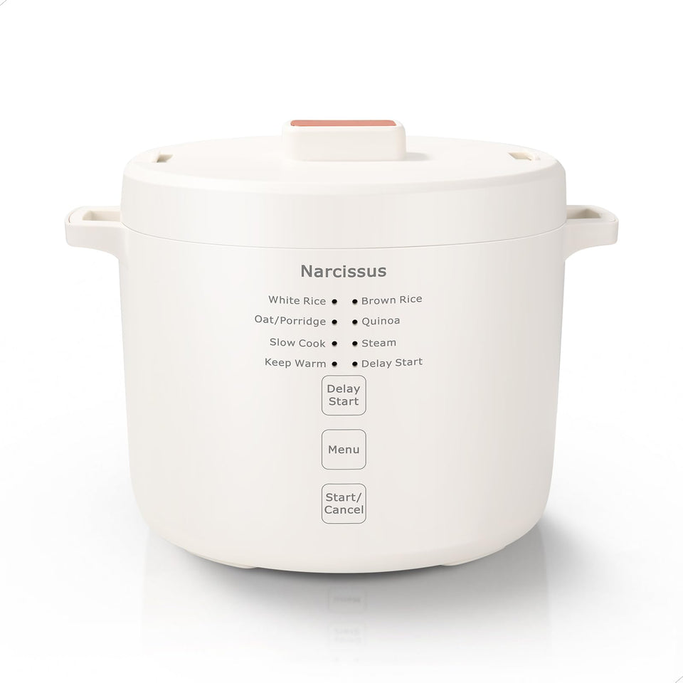 Narcissus 3.5-Cup Rice Cooker white front view, space-saving for small kitchens