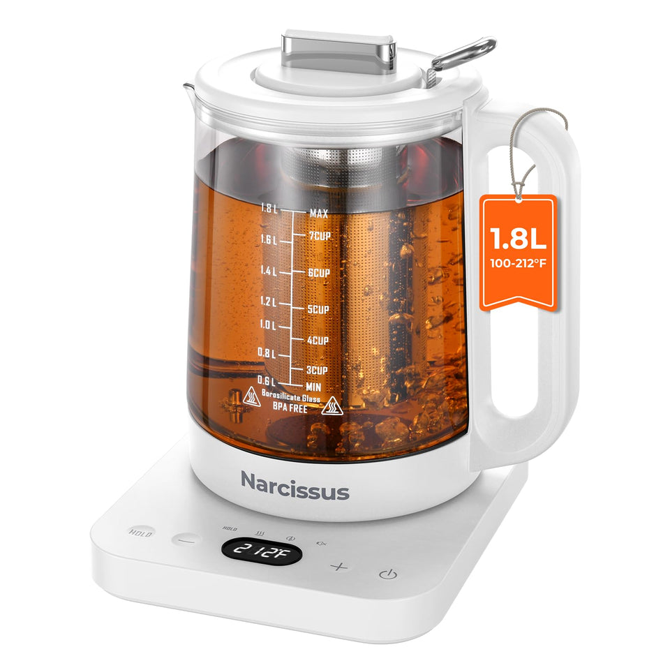 Narcissus electric kettle with precise temperature control in a clear glass body.