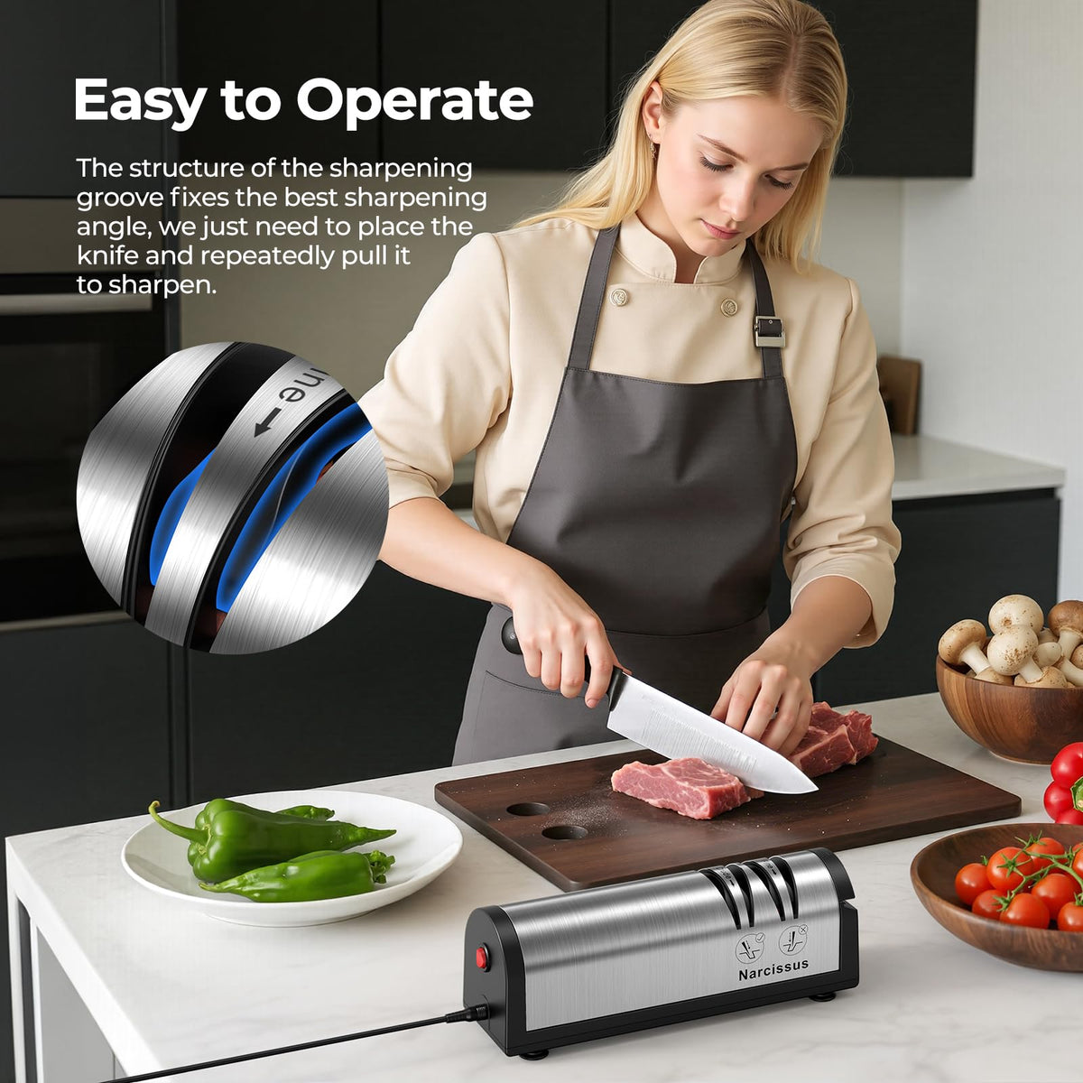 Narcissus Knife Sharpener in use during quick sharpening