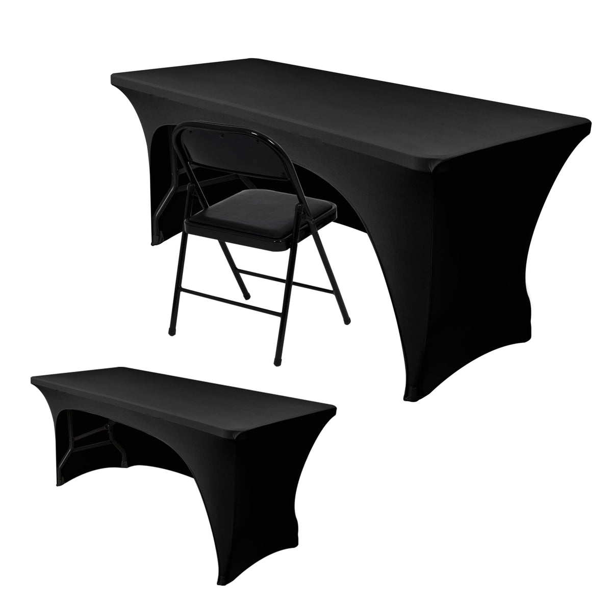 Nasitos 2-pack black 6-foot table cloths with open-back fit a clean trade show presentation.
